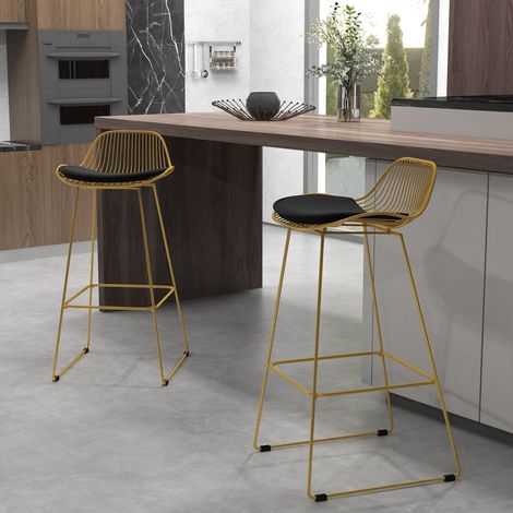 Set di 2 sgabelli alti da cucina/bar con schienale e poggiapiedi imbottiti in velluto, 46,5x48x93 cm, colore oro. (1/5)