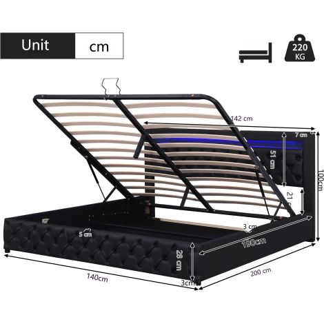 Lit rembourré (140 x 190 cm)  ensemble complet incluant sommier à lattes, espace de rangement, mécanisme de relevage hydraulique et éclairage LED  revêtement en PU (polyuréthane) noir. (1/2)