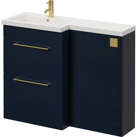 Napoli 390 Deep Blue 1100mm 2 Drawer Vanity Unit Toilet Suite with Square Left Hand Lucia Basin - 1100mm - Brushed Brass 320mm HandleWithout Kingston Toilet Pan