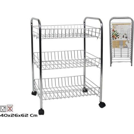 verdulero metal cromado con ruedas negras elen 3 pisos 40x26x62 cms