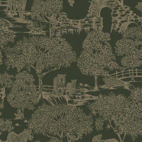 Holden Decor Zoo Lake Green Wallpaper Animal Print Trees Stylish Feature Wall