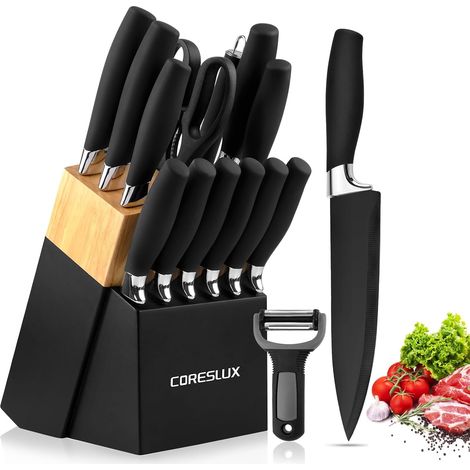 Kitchen Knife, 15 Piece Set Kitchen Knives with Block Stainless Steel Professional Knife Set with Chef's Knife, Bread Knife, Sharpening Rod and Scissors, Black (1/5)