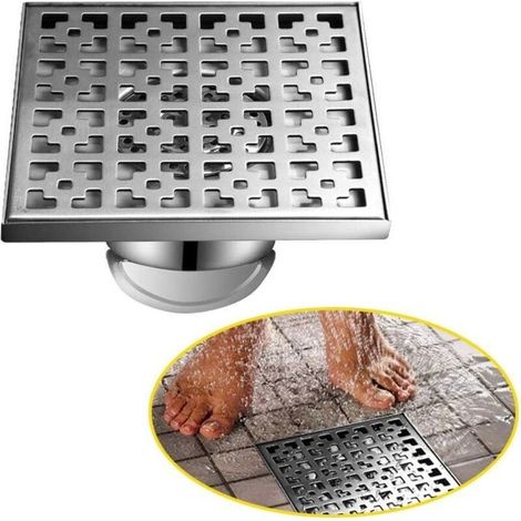 Siphon de sol 20x20 cm en acier inoxydable 304 – Écoulement de douche avec tamis à cheveux – Anti-odeur et anti-colmatage - Silver-20 (1/5)
