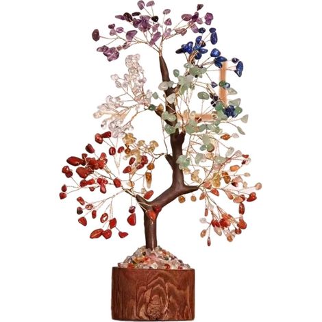 Ornement en cristaux multicolores naturels – « Arbre à argent » / Arbre de vie / Style sapin de Noël en éclats de pierre brute – Socle imitation bois – Décoration d'intérieur (1/4)
