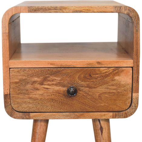 Table de chevet ouverte mini en bois massif, style chêne courbé, 1 tiroir et niche ouverte, marron (1/5)