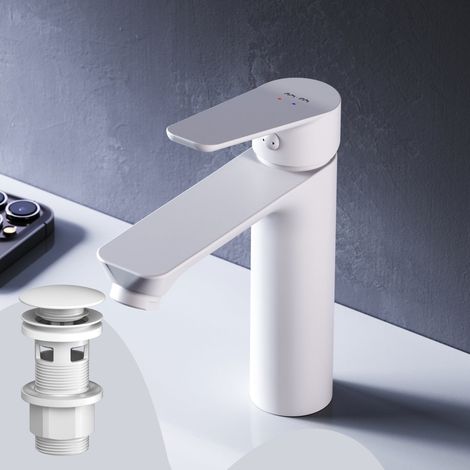 AM.PM Badarmatur mit Pop-Up Ablaufventil für Waschbecken Wasserhahn Bad Weiss Waschtischarmatur mit Ablaufgarnitur 1 1/4 Zoll Messing Ventil Ablauf (1/5)