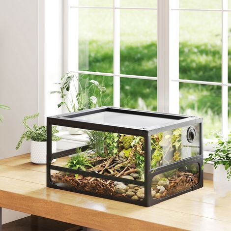 Faltbares, erhöhtes Reptilien-Terrarium 60x45x32 cm mit Schloss, Tür zum Füttern, Belüftung und 360°-Rundumsicht, Reptilienhaus aus gehärtetem Glas mit Drahtgitter für Echsen und Spinnen