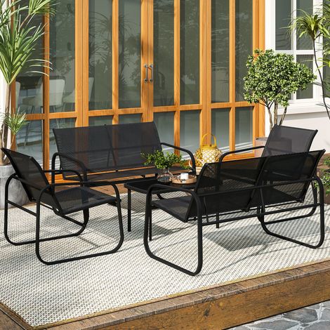 Salon de jardin extérieur 5 en pièces acier et textilène avec canapés. 2 fauteuils et table basse en verre trempé. gris