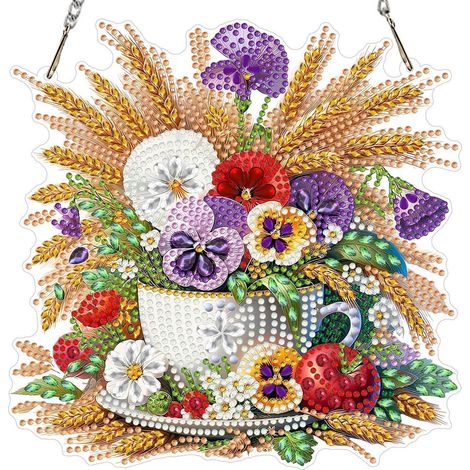 Diamond Painting Anhänger Set Blumen in Teetasse, Fensterbild Bastelset 20x20cm