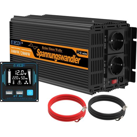 EDECOA convertisseur 12v 220v Pur Sinus 1000w 2X USB télécommande écran LCD transformateur Pure Sinus Onduleur 12v 230v télécommande (1/5)