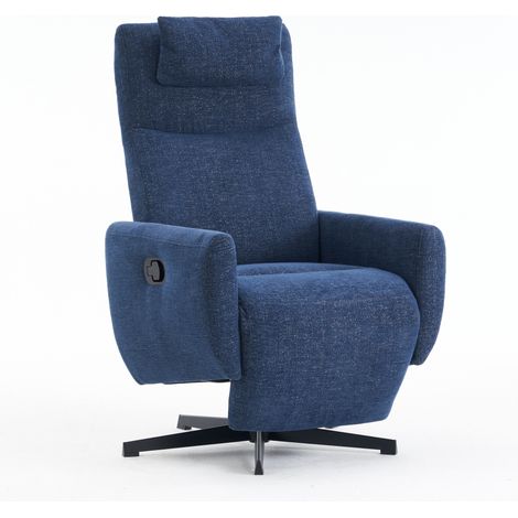 Sillón reclinable giratorio de chenilla azul con reposapiés y respaldo ajustable (1/5)