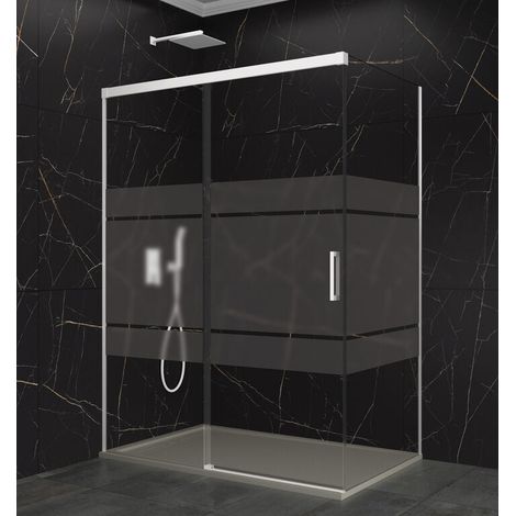 BASIC corner shower enclosure with sliding door, fixed front panel and fixed side panel, 110x75 cm, Frost screen-printed glass, white profiles (1/5)