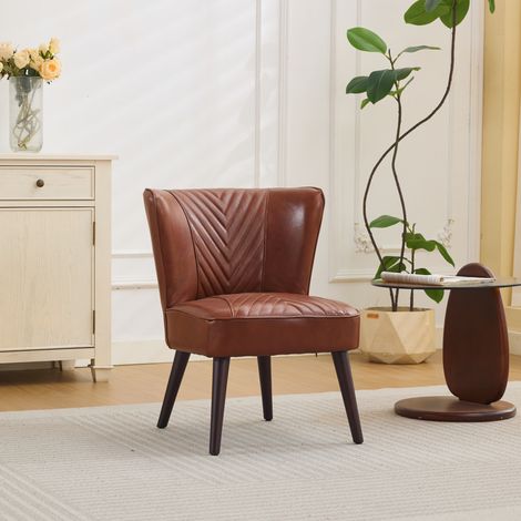 Sillón lounge marrón de piel con base de madera maciza y pespunte diagonal,56x62x72 cm (1/5)