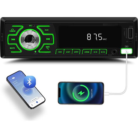 Autoradio 1 DIN avec Bluetooth 5.1, Stéréo de Voiture avec Radio FM, Commande, mémoire de Configuration à la Mise Hors Tension, entrées AUX/TF/USB et rétroéclairage 7 Couleurs (1/5)