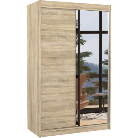 Petite armoire de chambre 2 portes coulissantes 1 bois naturel 1 miroir Roxane 120cm (1/5)