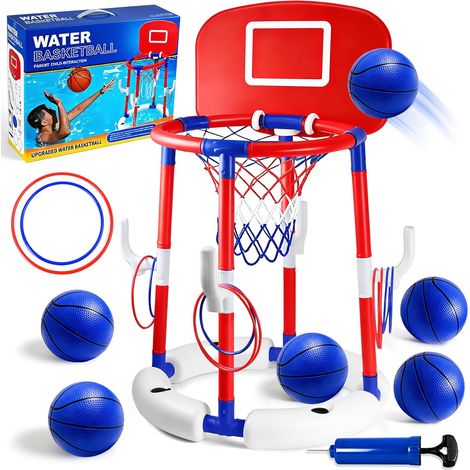 Floating Basketball Basket, Pool Basketball Toy, Floating Water Basketball Pool, 10 Throwing Hoops + 6 Balls + Air Pump, Summer Pool Game for Adults and Children (Red) (1/5)