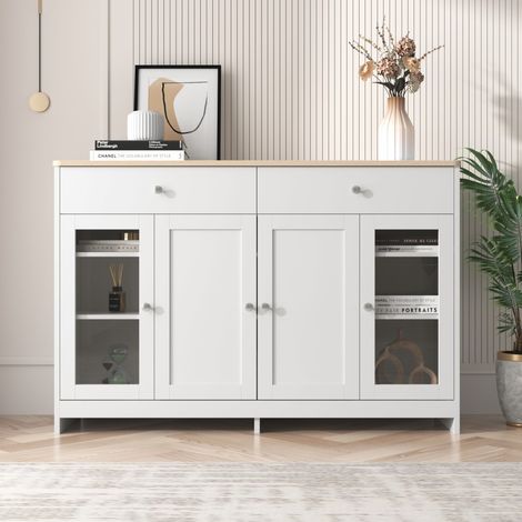 Buffet 120x37x80cm - 4 Portes & 2 Tiroirs - Style Campagne Rustique avec Vitrine - Blanc et Bois Naturel (1/5)