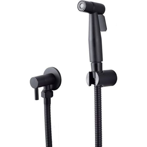 Kit de Lance WC en Acier Inoxydable 304 sans Perforation Buse d'Appoint Chasse d'Eau WC Pulvérisateur de Bidet à Main avec Tuyau et Valve en T G1/2 ", Noir (1/5)