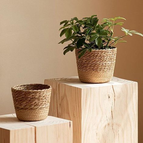 Maceta tejida - Cesta de almacenamiento - Plantas de interior - Forro impermeable - Tamaño L - Marrón