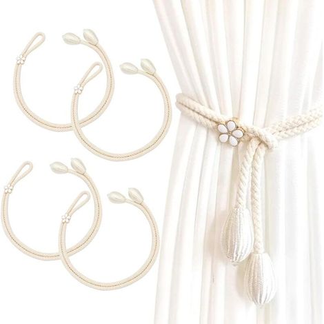4pcs Embrasses de Rideaux, Embrasse pour Rideaux Grandes Perles, Embrasse Rideau Coton Faite à la Main, Embrasses à Rideaux, Cravates de Rideau, Embrasse Rideaux (Beige) (1/4)