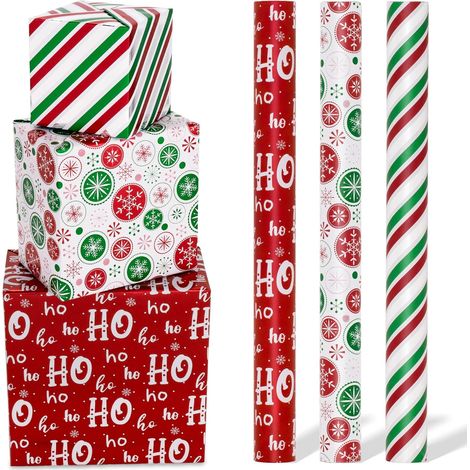 Kindfiber OÜ-Papier Cadeau Noel, 3 Rouleau Papier Cadeau Rouge Vert avec Rayure Flocon de Neige, pour Nouvel An, Fêtes, Célébrations, 300x43cm (1/5)