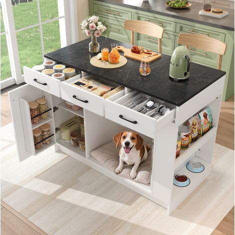 REDOM - Carrello da cucina - 120x60x90 cm - 3 cassetti - portaspezie - ripiano regolabile - vano per animale - MDF - bianco
