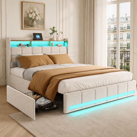 Lit Double pour Adultes, Lit coffre capitonné140x200, Lit rembourré 2 Personnes, tête de lit coffre en coton, avec LED et USB, avec 4 tiroirs, lin, beige (1/5)