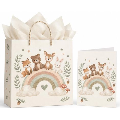 Sac Cadeau avec Carte de Vœux Naissance, Pochette en Papier Motif Animaux Arc-en-Ciel, Kit Emballage pour Cadeau Baby Shower Fille Garçon et Premier Anniversaire, 4 Pièces (1/5)