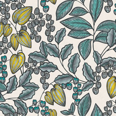 Papier peint bleu et jaune motif feuille pour cuisine Tapisserie chambre adulte avec feuille & fleurie Papiers peints intissés salon (1/4)