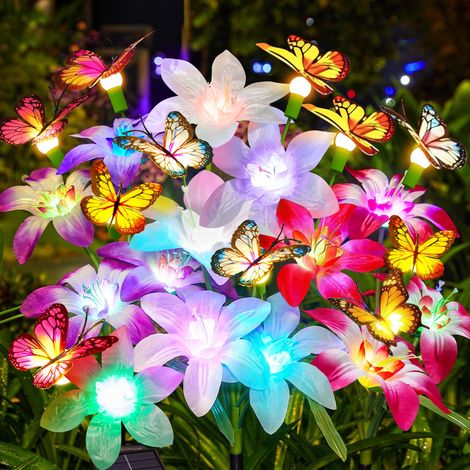 Lampes solaires améliorées avec lys et papillons virevoltants, lampes décoratives d'extérieur étanches à changement de couleur pour jardin, pelouse, allée-AquaForge (1/5)