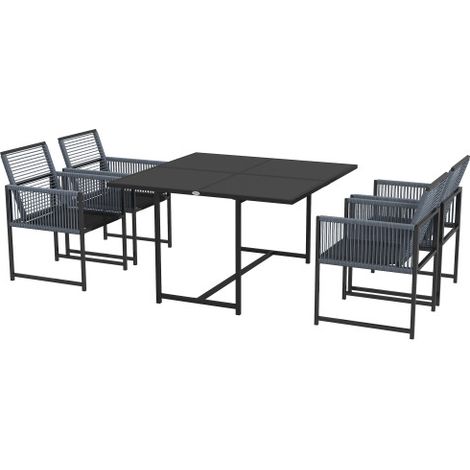 Dark Grey Five-Piece Metal Dining Set with Folding Chairs and Tempered Glass Top for Modern Dining Spaces
