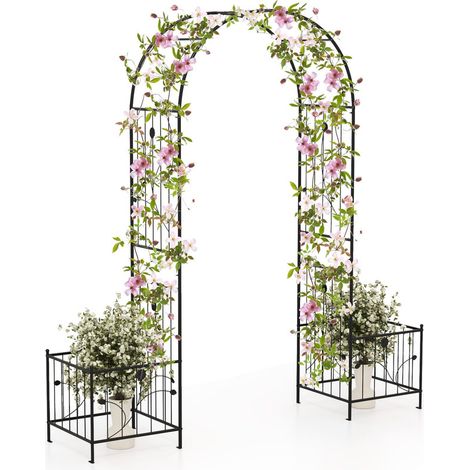 Garden Arbor with Planters, Metal Decorative Arch Trellis with Arched Top, Heavy-Duty Archway for Climbing Plants, Grape Vines & Wedding Ceremonies