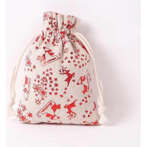 Sac en Lin, 10 Pièces Sac en Toile de Jute Sac à Cordon Imprimé Étoile Sac en Jute pour Cadeau de Noël Sac en Tissu Suspendu Sac Cadeau Traîneau Rouge Père Noël 15 × 20 cm (1/4)