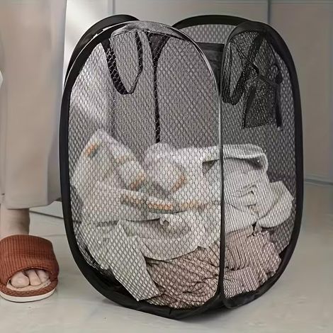 Ausklappbarer Wäschekorb aus Netzgewebe mit ergonomischem Griff und großem Fassungsvermögen – Schwarz (1/4)