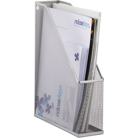 Relaxdays A4 Metal Mesh File Holder, Standing Magazine Rack, Eyelets for Mounting, Document Organiser, Silver (1/5)