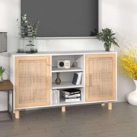 Aparador madera maciza pino blanco ratán natural 105x30x60 cm (1/4)
