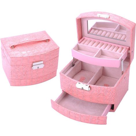 Boîte à bijoux pour femme, boîte à bijoux de voyage portable en cuir verrouillable à 3 niveaux avec miroir et serrure pour filles, bague, boucles d'oreilles, collier(Rose)