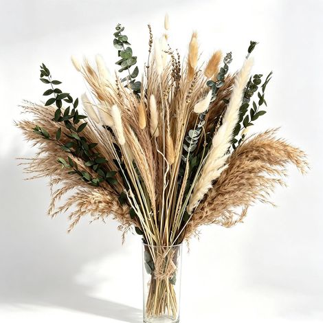 100 Pcs Herbe de Pampas Séchées Brun Beige, Ensemble de Décoration de Pampa Séchée et Fleurs Séchées de Queues de Lapin, Naturelle Décoration Boho pour Maison, Table, Mariage, Fête (1/5)