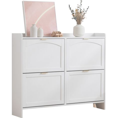 Mueble Zapatero con 4 Compartimentos Abatibles, Estante Abierto y Encimera, Estilo Moderno, en Tablero de Partículas, Blanco, 110×24×90 cm (1/5)