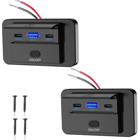 Prise USB 12V, 90W - Chargeur 3 Ports à Chargement Simultané Rapide (QC3.0 + 2xPD) avec Interrupteur on/Off - pour Auto, Camion, Bateau, Camping-Car 12-24V (Lot de 2) (1/5)
