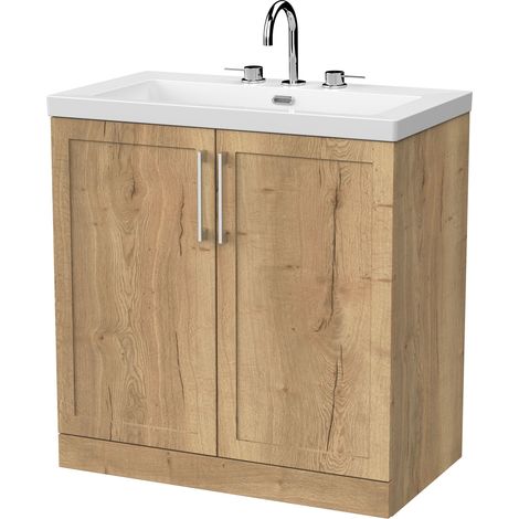 Stonnall Traditional Floor Standing 2 Door Vanity Unit with 3 Tap Hole Fireclay Basin, 800mm, Autumn Oak