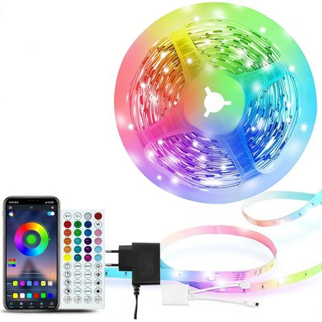 Ruban LED 5 m, 16 LED/Mètre, 24 V 5050 RGB bande LED, APP et télécommande, synchronisation de la musique, mode minuterie, pour chambre, salle de jeux, fête, festival (1/5)