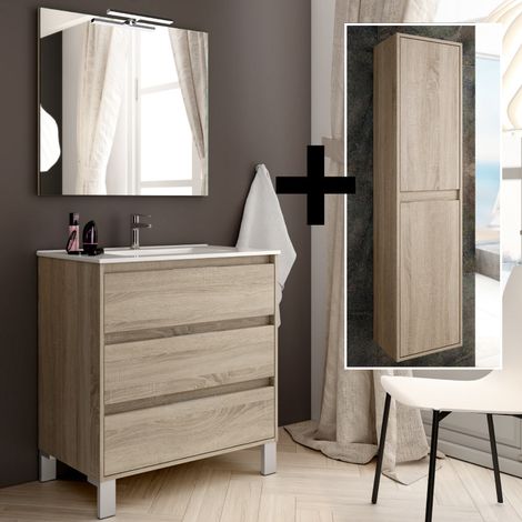 Ensemble meuble de salle de bain 80cm simple vasque + colonne de rangement - cambrian (chêne clair) - TIRIS (1/5)