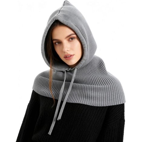 Sturmhaube mit Kapuzenschal, winddichte Strickmütze, 2-in-1 Hut & Nackenwärmer Set, Grau (1/5)