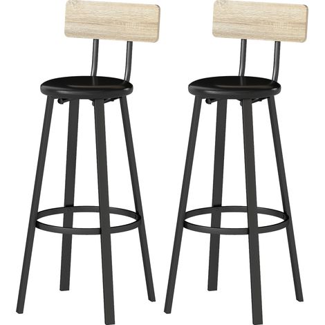 Lot de 2 tabourets de cuisine hauts avec dossier et repose-pieds, revêtement en polyuréthane, hauteur d'assise 75,5 cm, coloris naturel et noir. (1/5)