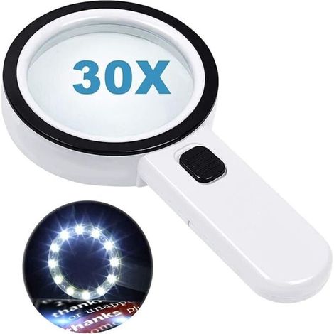 Reading magnifier with 12 LED lights, double glass lens, and 30x magnification. For easy reading of coins, stamps, and cards. (1/5)