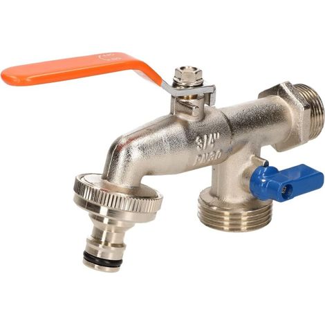 Double robinet à boisseau sphérique avec raccords de tuyau 3/4" et 1", idéal comme point de pompage extérieur pour installations domestiques et extérieures (1/5)