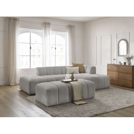 BOBOCHIC - Canapé d'angle fixe modulable ANNECY tissu bouclette avec pouf Angle droit Gris clair (1/5)