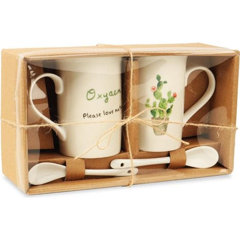 Coffret cadeau : Deux tasses en céramique avec cuillères - Thème cactus (1/2)