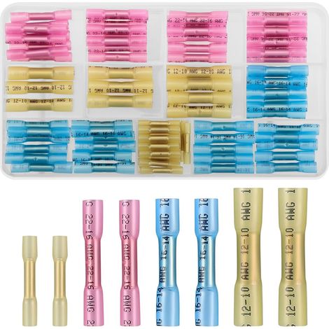 100 Pièces Connecteur Gaine Thermorétractable, 10-26 AWG Cosses Bornes Thermorétractables Electriques Etanches Imperméables, Souder Gaine Bornes Connecteurs - Rouge, Bleu, Jaune (1/5)